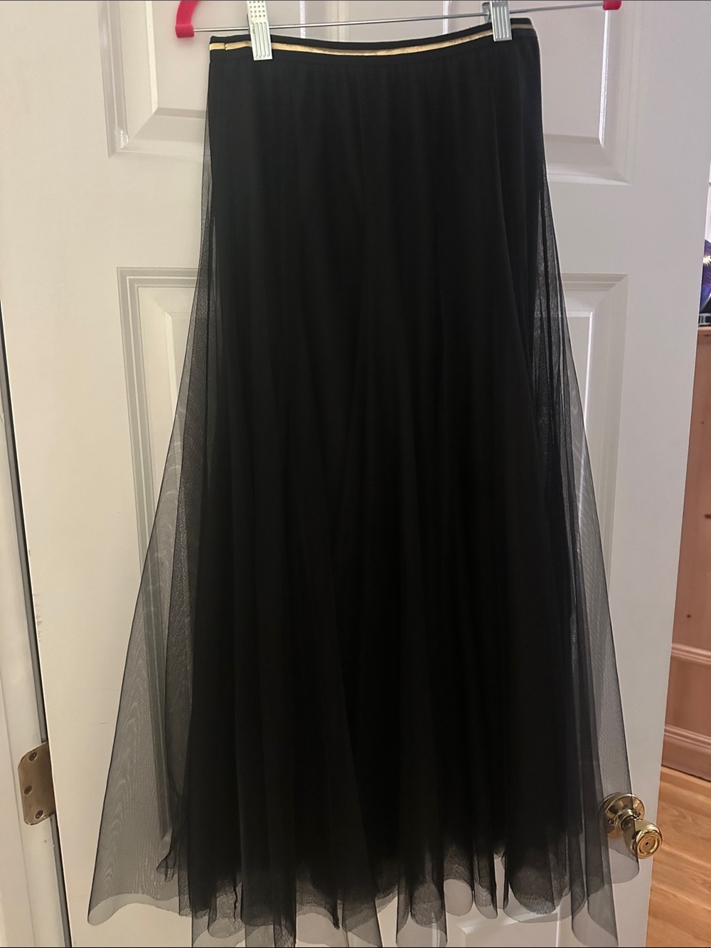 Black Maxi Tulle Skirt with Gold-Accent Waistband